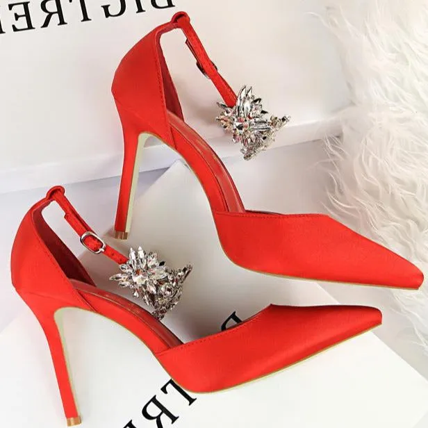 Rhinestone Decor Ankle Strap Stiletto Pumps