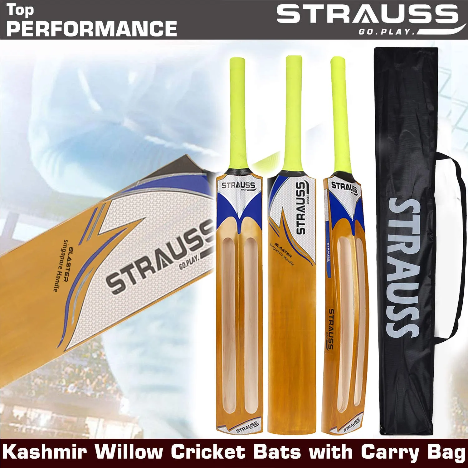 Strauss Blaster Scoop Tennis Cricket Bat,Full Duco,Golden, (Singapur Handle)