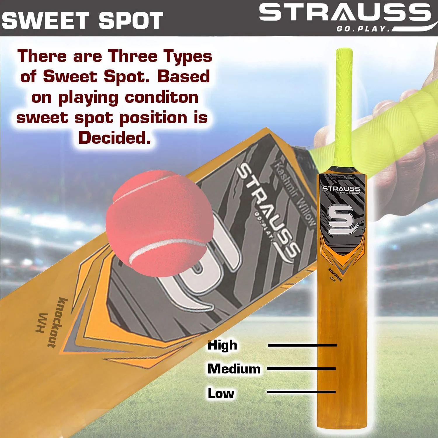 Strauss Knockout Scoop Tennis Cricket Bat,Full Duco,Golden, (Wooden Handle)