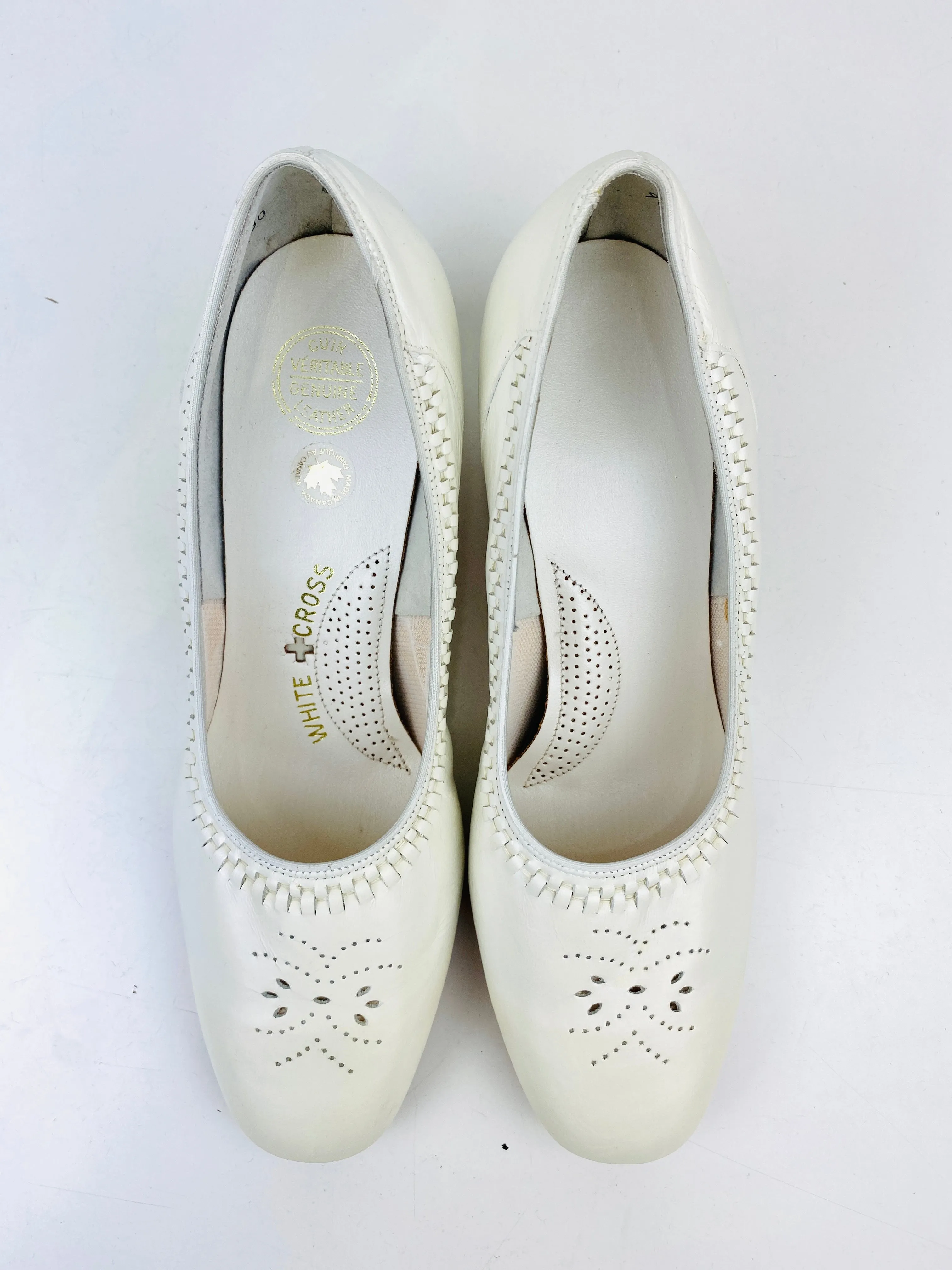 Vintage Deadstock Shoes, Women's 1980s White Leather Mid-Heel Pumps, NOS, 7681