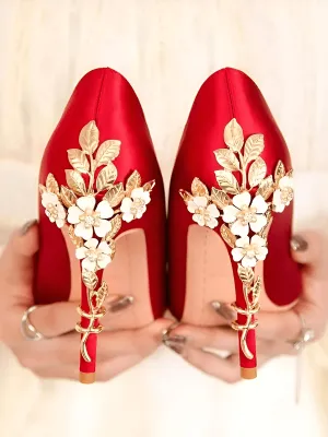 Women's Metal Carved High Heel Silk Wedding Shoes