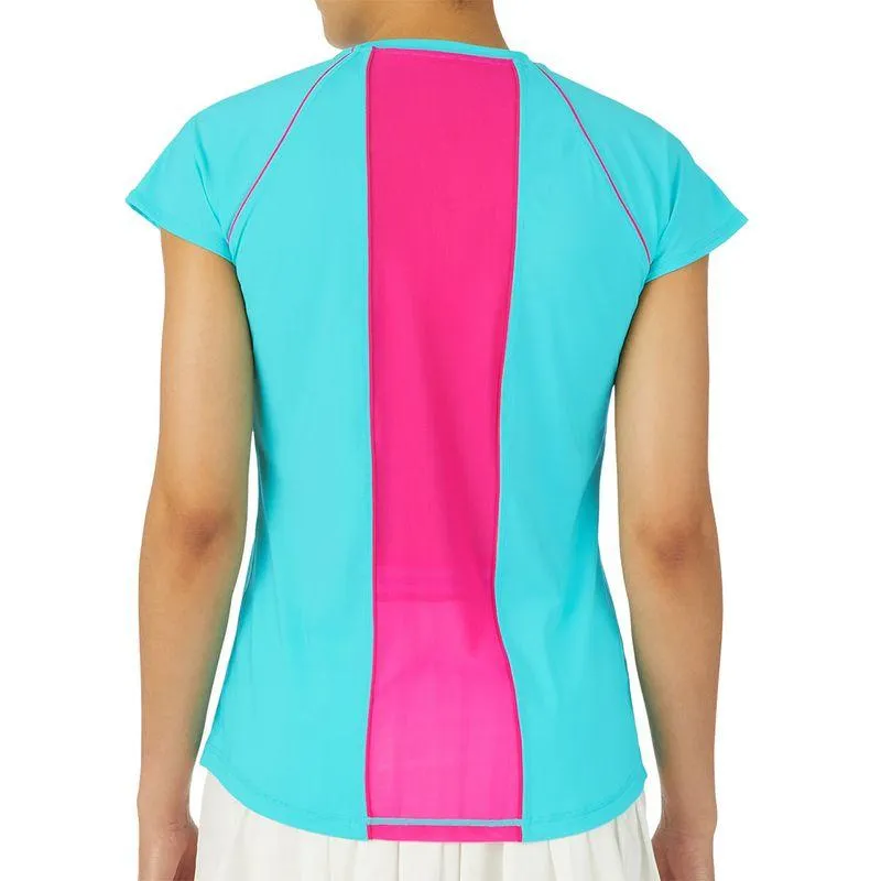 Women's Tie Breaker Short Sleeve Tennis Top Blue Radiance and Pink Glo